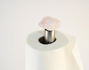 Countertop Paper Towel Holder with Rose Quartz Raw Crystal Top