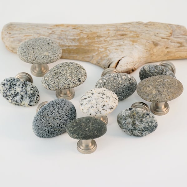 Custom Cabinet Knobs - Natural River Rock and Beach Pebble Hardware - Gray Stone Pulls
