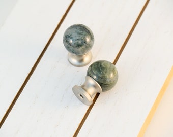 Gemstone Marble Cabinet Knob Pair - Moss Agate and Banded Green Jasper