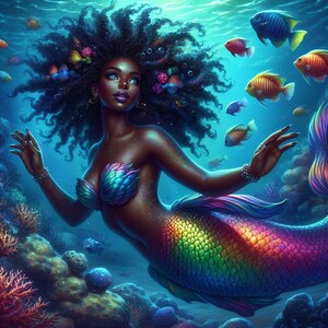 Magical Black Mermaid Printables for Kids – T-Shirt Design, Wall Art, Party Decor | Instant Download | Cute Mermaid Digital Art