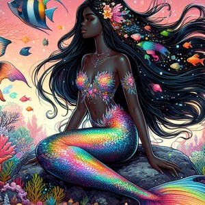 Magical Black Mermaid Printables for Kids – T-Shirt Design, Wall Art, Party Decor | Instant Download | Cute Mermaid Digital Art