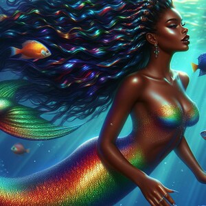 Magical Black Mermaid Printables for Kids – T-Shirt Design, Wall Art, Party Decor | Instant Download | Cute Mermaid Digital Art
