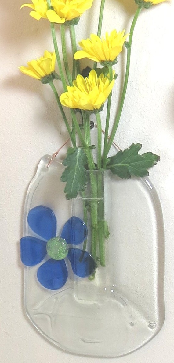 Items similar to Recycled Glass Jar Hanging Wall Vase with Fused Flower