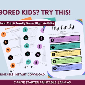 Puede incluir: Una actividad imprimible para la noche de juegos familiares con el texto "Bored Kids? Try This!" y "My Family Stories". El juego incluye indicaciones para viajes por carretera y entrevistas familiares. El diseño presenta círculos coloridos y un arcoíris.