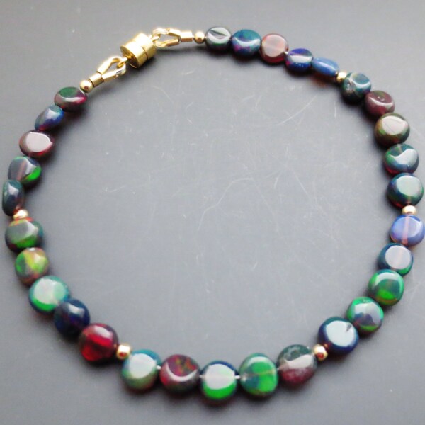 Reserve for J Black Opal Coin Beaded Gemstone Gold Filled Magnetic Clasp Bracelet EE Designs