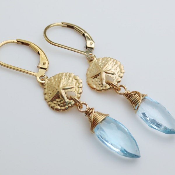 Swiss Blue Topaz Gemstone Sand Dollar Goldfilled Leverback Earrings EE Designs