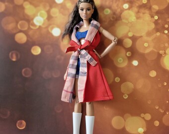 Stylish 3-Piece Doll Outfit – Red Plaid Coat with Blue Crop Top & Shorts