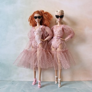 Sparkly Blush Pink Robe & Lace Bodysuit Set  for 11.5&quot; doll , 1/6 doll
