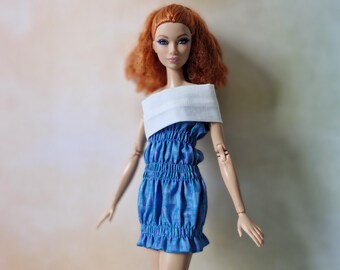 Blue Smocked Tube Dress with White Collar for 11.5" Fashion Doll