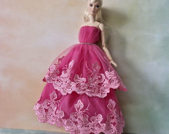 Vestido de baile de encaje escalonado fucsia para muñeca de 11,5 pulgadas, muñeca 1/6