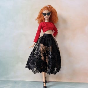 Edgy Red Crop Top & Black Lace Skirt Outfit for 11.5&quot; doll , 1/6 doll