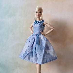 Blue A-Line Doll Dress: Embellished Neckline, 1/6 Scale Fashion Doll