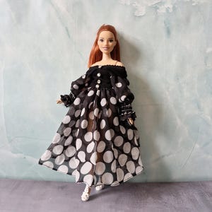 White polka dot dress dress for curvy doll, 11.5 inch doll
