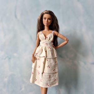 Midi dress with delicate red cherry prints for 11.5 inch doll, 1/6 doll