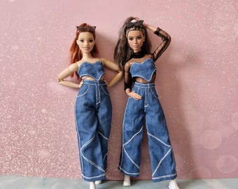 1/6 Doll Outfit Set - Denim Bralette, Wide Leg Pants & Mesh Top