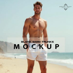 May include: A white swim trunk mockup on a man standing on a beach. The text "BLANK SWIM TRUNKS MOCKUP" is superimposed on the image.
