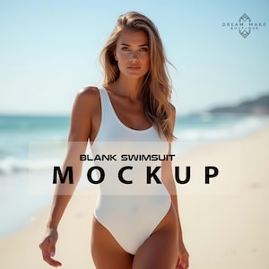 Blank Swimsuit Mockup, Swimwear Mockup, Beachwear Mockup, Woman&#39;s One Piece Swimsuit, One-Piece Swimsuit, Bikini Mockup, White Swimsuit