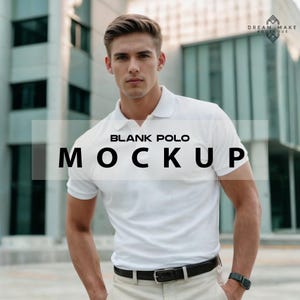 May include: A white polo shirt mockup with the text "BLANK POLO MOCKUP" in black. The shirt is being modeled by a person wearing a black belt and watch. The background is a modern building.