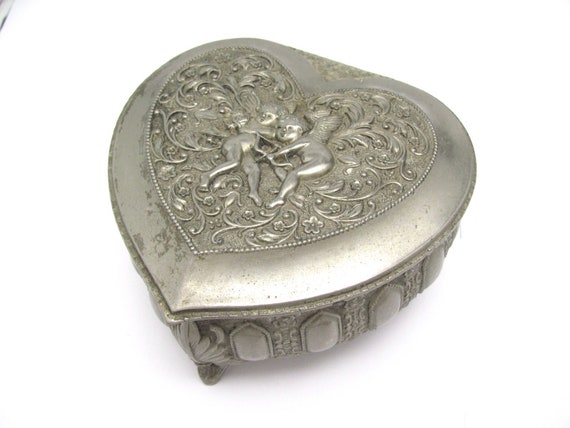 Vintage Heart Box Angel Cherub Red Velvet Jewelry