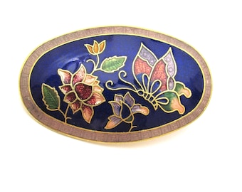 Cloisonne Enamel Scarf Clip Flowers and Butterfly Deep Vintage Blue Oval Scarf Clip