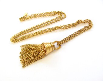 Joan Rivers Necklace Vintage Rhinestone Tassel Pendant 30 Inch Chain Gold Plated Designer Necklace