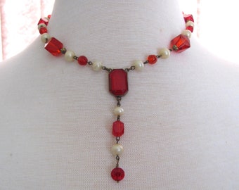 Valentine Necklace Art Deco Necklace Red Crystal Glass Faux Pearl Link Antique Brass Romancecore Deco Victorian Cosplay Necklace