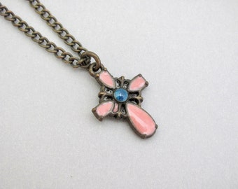 Cross Pendant Necklace Rose Blue Enamel Vintage Antiqued Brass Chain Dainty Charm Religious Christian Jewelry Necklace