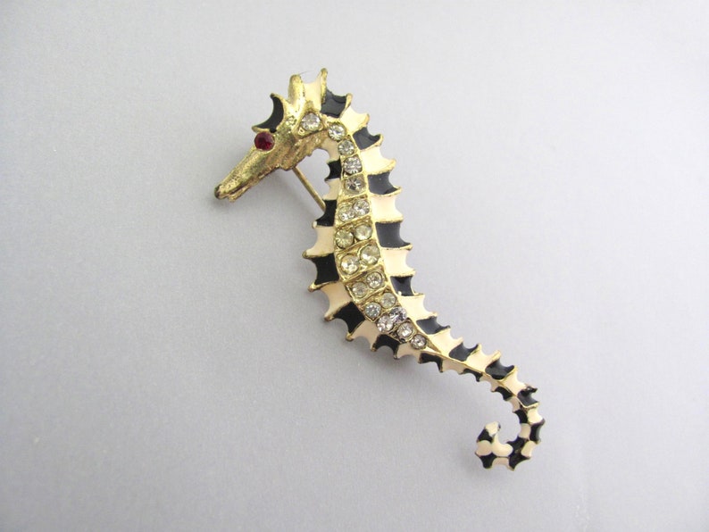 Sea Horse Pin Vintage Rhinestone Enamel Brooch Ocean Pin