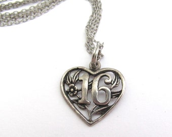 Jezlaine Heart Necklace Sweet 16 Vintage Sterling Silver Oxidized 18 inch Chain Charm Birthday Holiday Gift