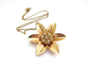 Vintage Flower rhinestone Necklace / Pin Combo Gold Tone Birthday Anniversary 60s Cosplay Ren Faire Necklace Choker Pin