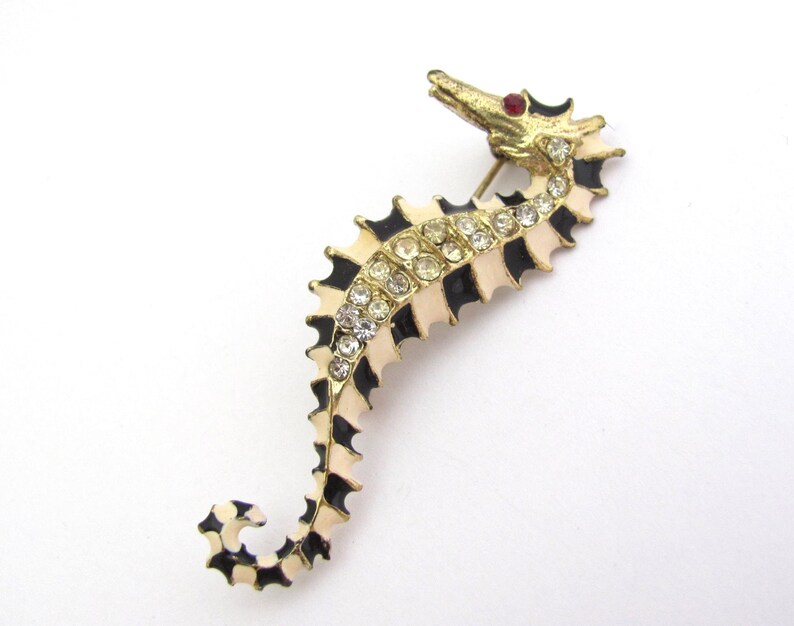 Sea Horse Pin Vintage Rhinestone Enamel Brooch Ocean Pin