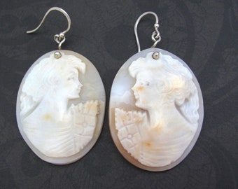 Vintage Cameo Earrings M+M SCOGNAMIGLIO Earrings Italy Carved Cameo Sterling Silver Hook Large Bold Cameo