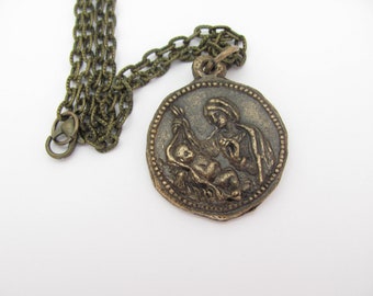 Caesar Jesus Pendant Vintage Antiqued Brass Chain Caesar Augustus Coin Style Mary Baby Jesus Religious Christian Jewelry Necklace