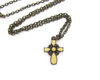 Cross Pendant Necklace Yellow Enamel Vintage Antiqued Brass Chain Dainty Charm Religious Christian Jewelry Necklace