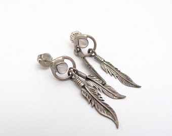 Silver Feather Earrings Sterling Silver Southwestern Mother of Pearl Boho Bohemian Renaissance Faire Retro Cosplay Earrings