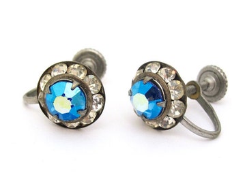 Vintage Rhinestone Earrings Blue Crystal Screw On Holiday Party Earrings