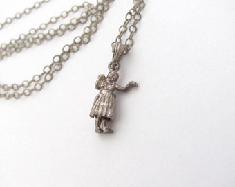 Hawaiian Hula Girl Necklace, Vintage Sterling Silver Necklace, Hula Dancer, Sterling Chain, Dainty Pendant, Dancer Charm, Hawaii Beads