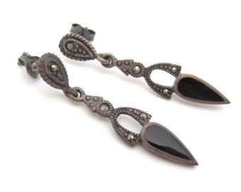 Marcasite Sterling Earrings Vintage Marcasite Black Glass Deco Design 925 Dainty Earrings