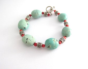 Vintage Bracelet Sterling Silver Turquoise Coral Toggle Clasp Bracelet