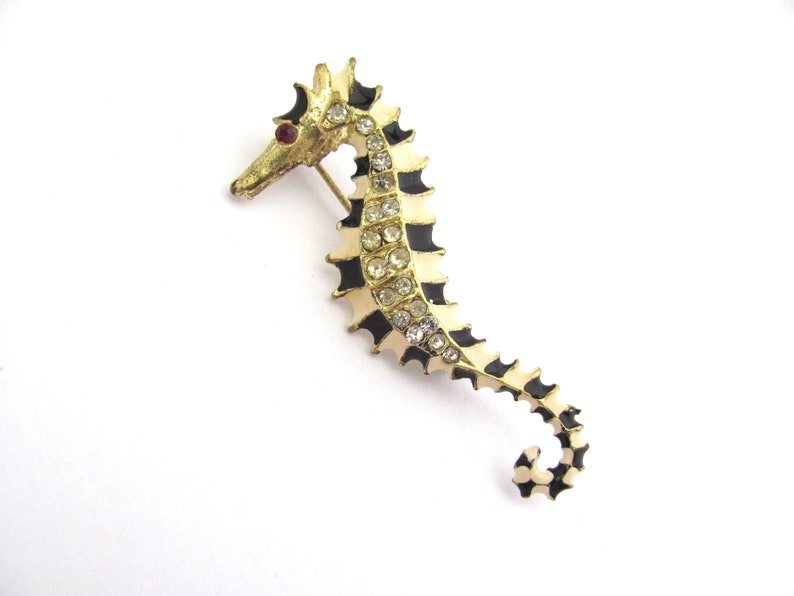 Sea Horse Pin Vintage Rhinestone Enamel Brooch Ocean Pin
