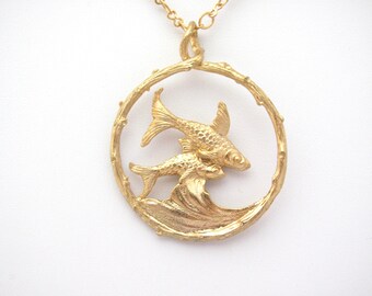 Goldfish Pendant Necklace Sea Weed Fish Gold Plated Chain Lobster Clasp Koi Fish Ocean Resort Necklace