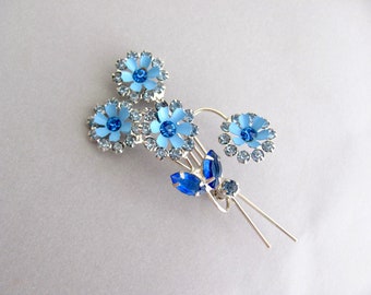 Flower Rhinestone Pin Blue Crystal Enamel 60s Brooch Cosplay Flapper Cottagecore Grannycore Feminine Costume Jewelry Pin
