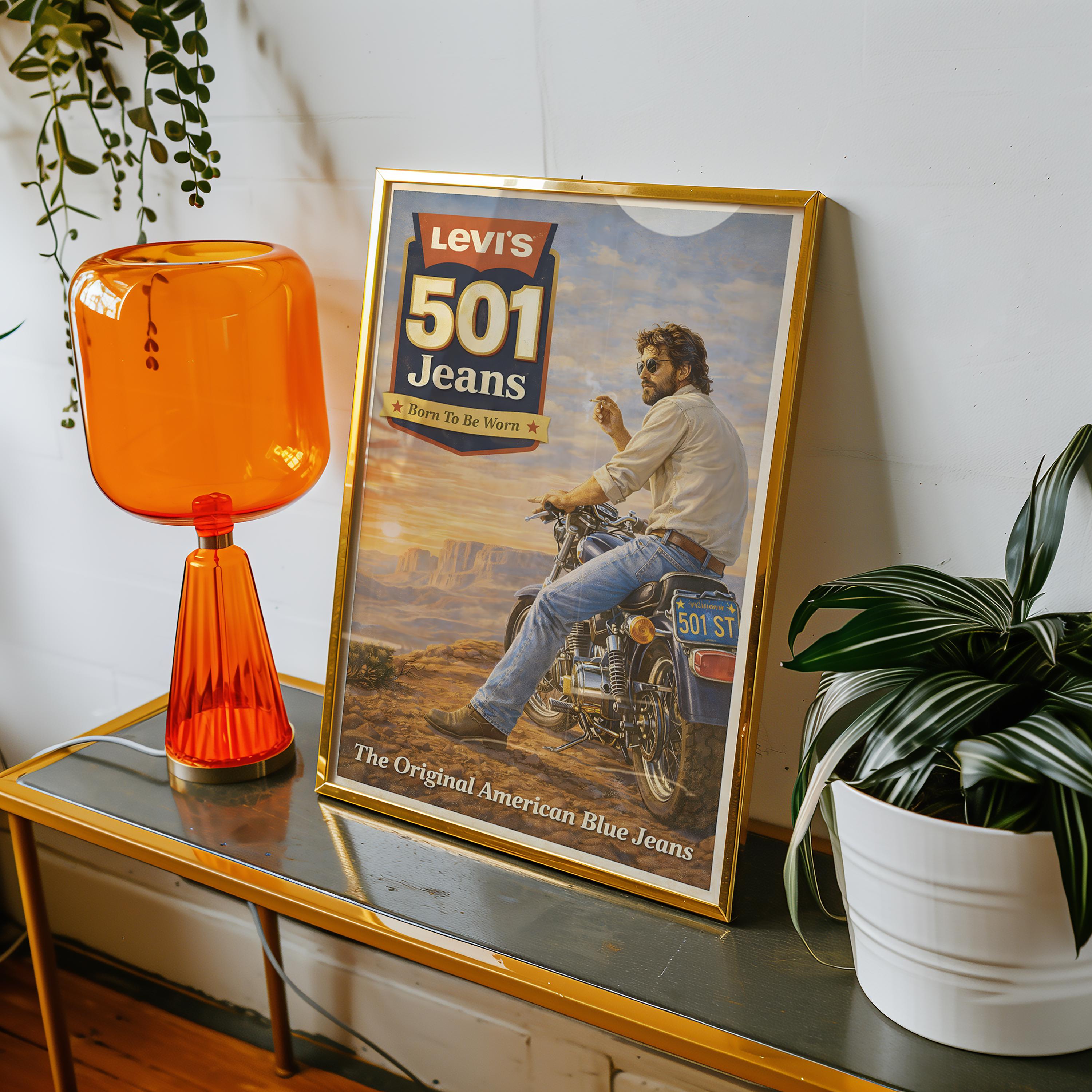 Vintage Levi's 501 Jeans Poster | Retro Biker Denim Wall Art