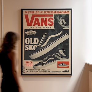 May include: A framed rectangular poster featuring Vans Old Skool trainers. The design includes the text THE WORLD'S #1 SKATEBOARDING SHOES, VANS OFF THE WALL, OLD SKOOL, SINCE 1966, and A PHILOSOPHY OF LIFE BASED ON CREATIVITY, AUTHENTICITY, AND PASSION.