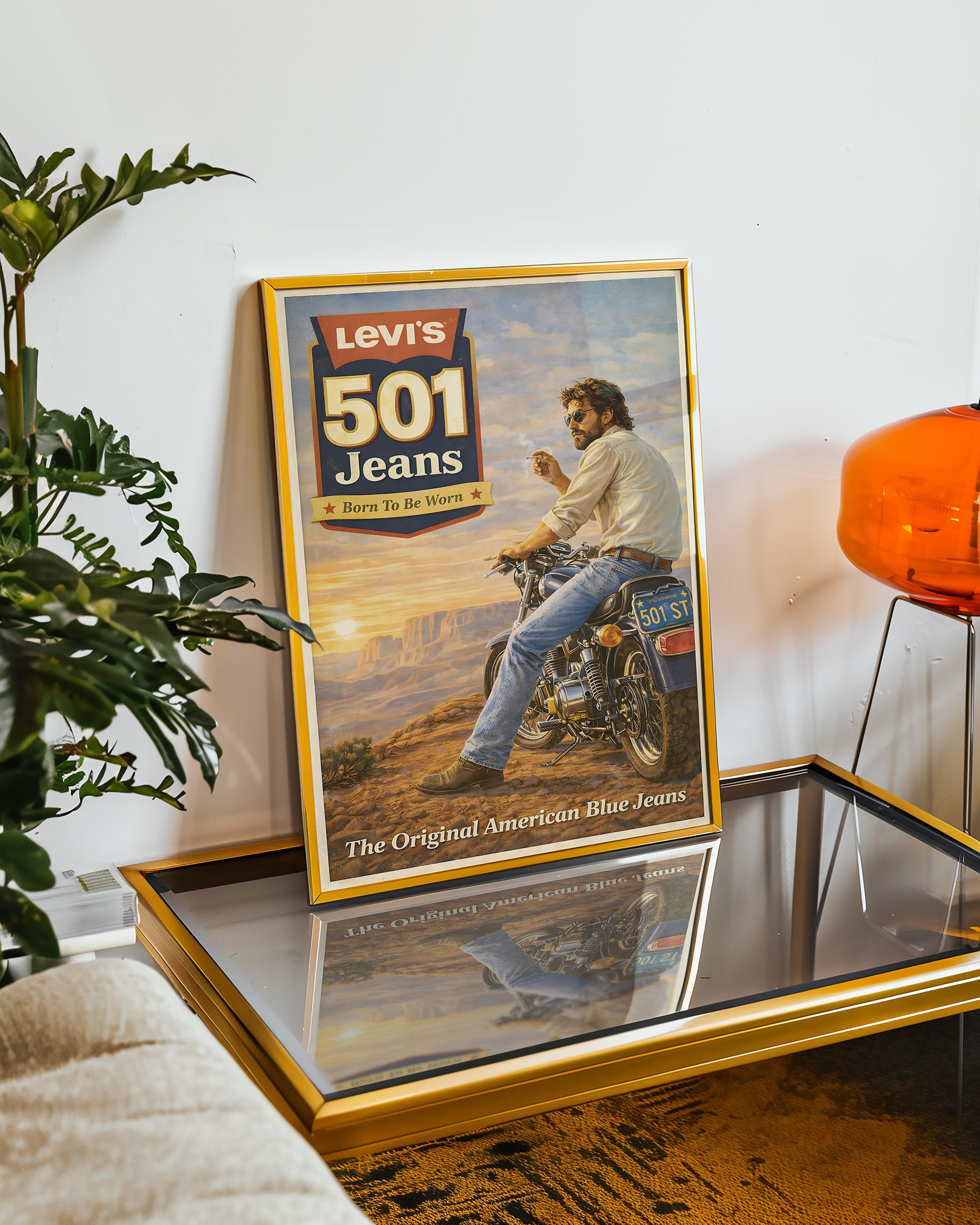 Levi's 501 デニム アートパネル インテリア　デニムポスター小物付き Vintage Levi's 501 Jeans Poster | Retro Biker Denim Wall Art