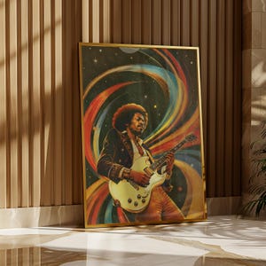 May include: A framed vertical wall art print featuring a portrait of a musician with an afro hairstyle playing a white electric guitar. The background displays a vibrant, swirling cosmic pattern with colorful streaks of red, blue, and yellow.