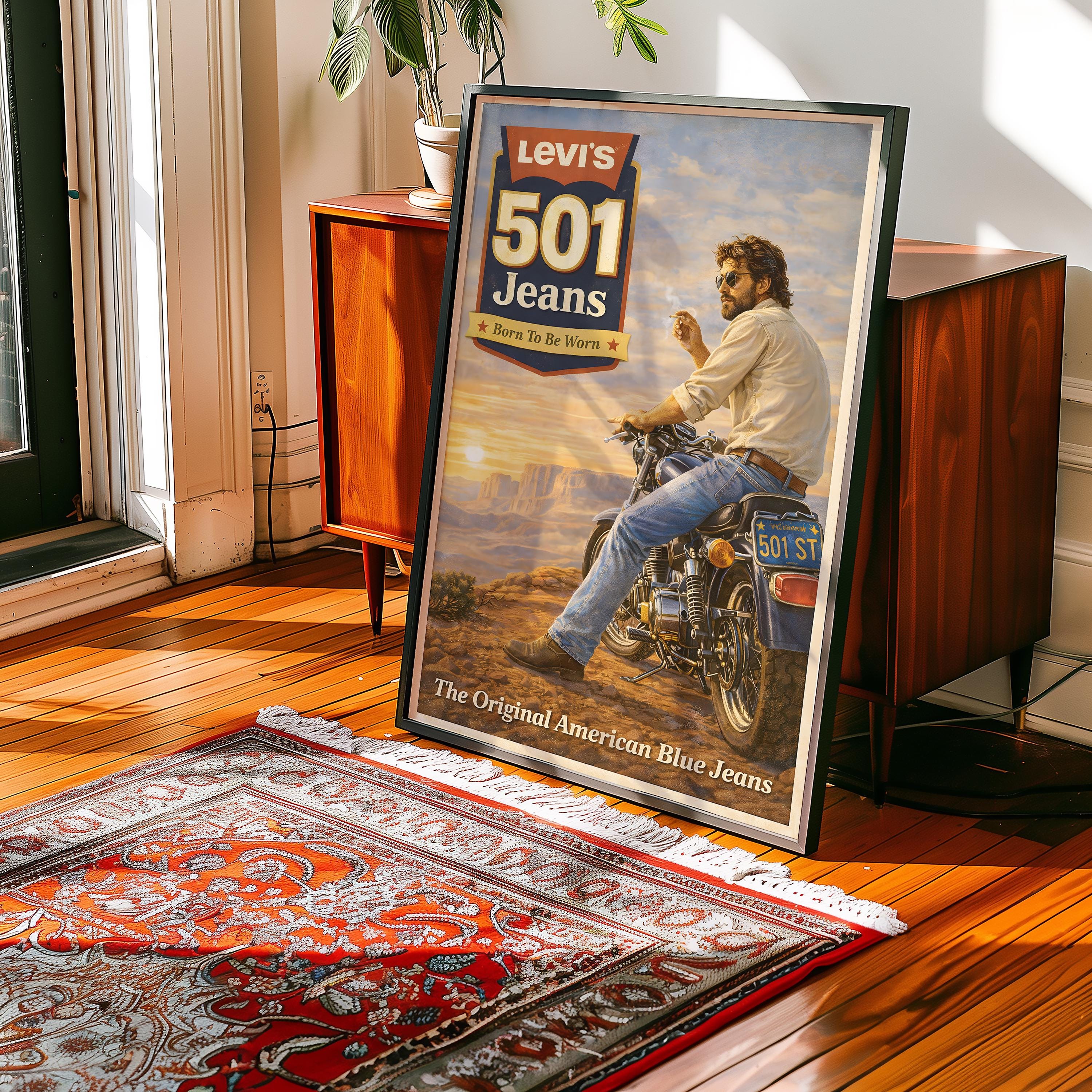 Levi's 501 デニム アートパネル インテリア　デニムポスター小物付き Vintage Levi's 501 Jeans Poster | Retro Biker Denim Wall Art