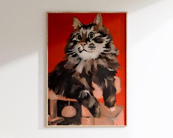 May include: A painting of a brown and white cat with green eyes sitting on a pink chair against a red background.