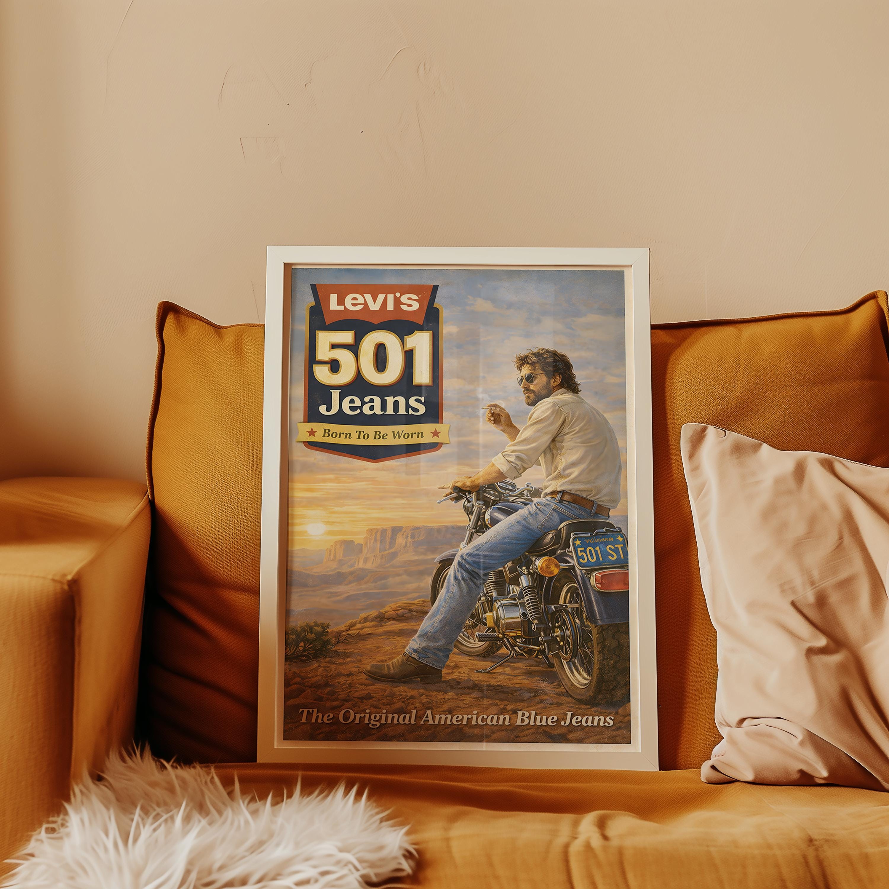 Levi's 501 デニム アートパネル インテリア　デニムポスター小物付き Vintage Levi's 501 Jeans Poster | Retro Biker Denim Wall Art