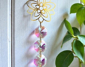 Flower Crystal Suncatcher – Iridescent Beads, Teardrop Prism, Handmade Window Hanging, Celestial Decor Gift